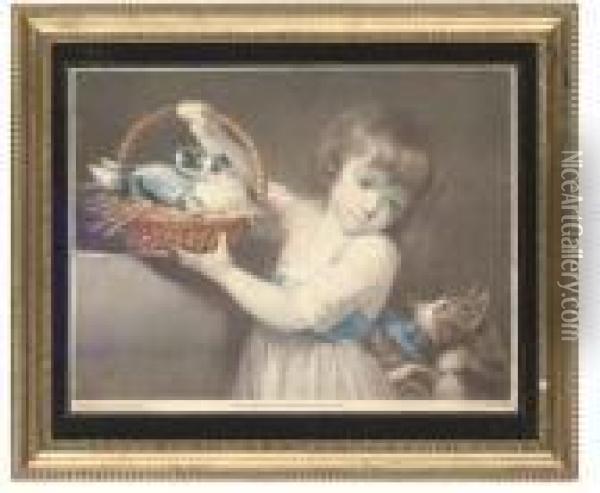 Young Girl Protecting A Pair Of Doves From A Cat Oil Painting - John Russell
