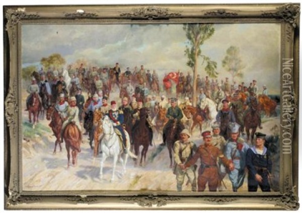 Military Scene With Austrian, German And Turkish Soldiers (militarszene Mit Osterreichischen, Deutschen Und Turkischen Soldaten) Oil Painting - Ludwig Koch