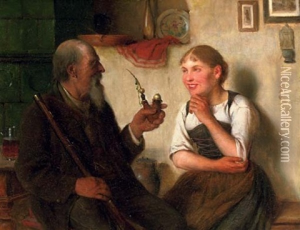 Enjoying A Pipe And Good Conversation Oil Painting - Josef Kinzel