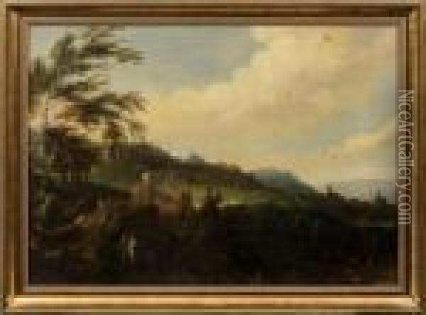 Bewaldetehugellandschaft Mit Wanderern Vor Einer Burg Oil Painting - Jacques D Arthois