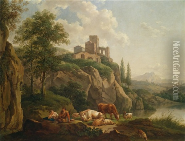 Sudliche Landschaft Mit Hirten Am Wasser Und Hochgelegener Burg Oil Painting - Joseph Roos