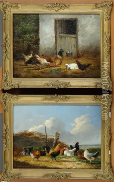 Basse-cour Et Paysage Poules Et Coq (2 Works) Oil Painting - Frans Van Leemputten