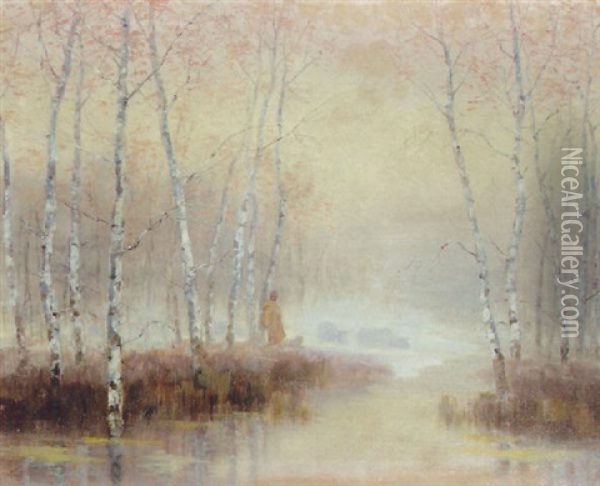 Misty Birch Forest Oil Painting - Laszlo Kezdi-Kovacs