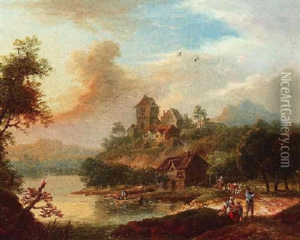 Fluslandschaft Mit Fischern Im Boot Und Bauern Am Ufer Oil Painting - Franz Schuez