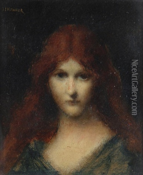Portrait Of A Young Girl In A Blue Dress Oil Painting - Jean Jacques Henner