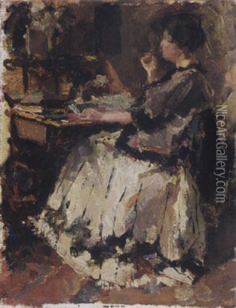 An Elegant Lady At A Writing Desk (tjieke Roelofs?) Oil Painting - Otto Willem Albertus Roelofs