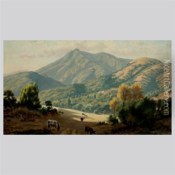 Cows Grazing Under Mt Tamalpias Oil Painting - Ludmilla Pilat Welch