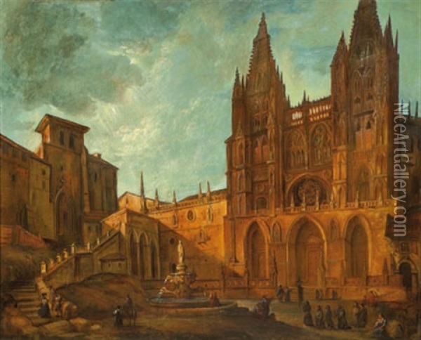 Fachada De La Catedral De Burgos Con La Fuente De Santa Maria Oil Painting - Genaro Perez Villaamil