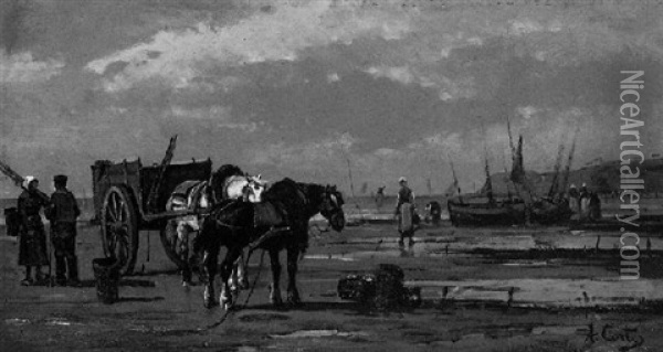 Fischer Mit Pferdefuhrwerk Am Strand Oil Painting - Andres Cortes y Aguilar