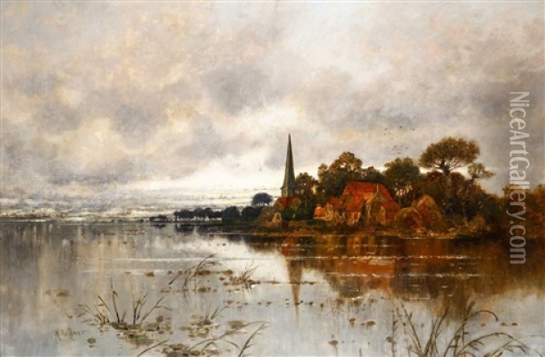 Riverscape With A Village Oil Painting - Karl Heffner