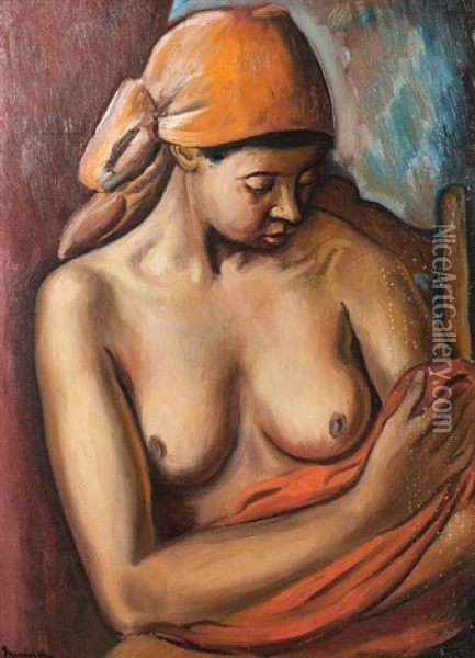 Female Nude, Wearing A Head Scarf Oil Painting - Bernard Meninsky