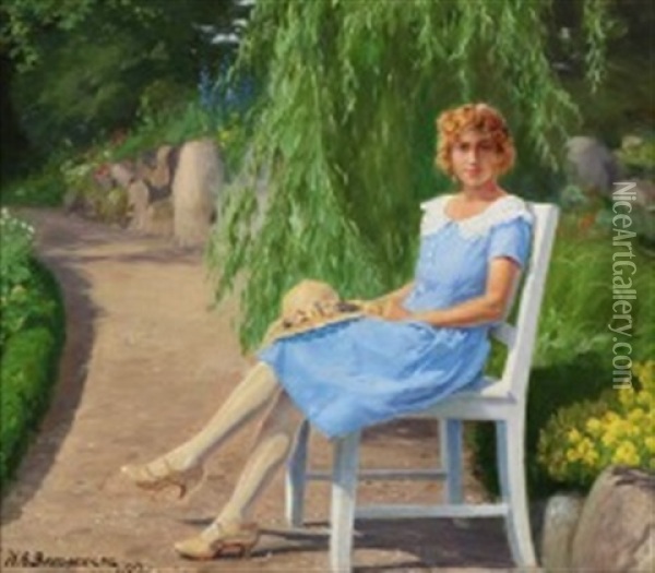 Young Woman In A Light Blue Summer Dress Sitting In A Park Oil Painting - Hans Andersen Brendekilde