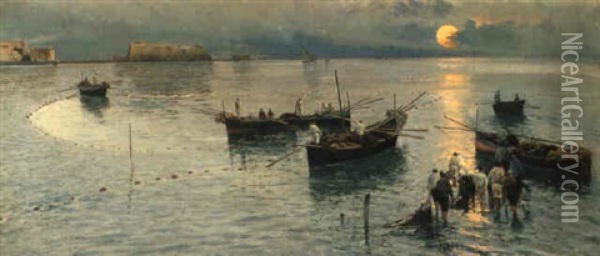 Neapolitan Fishermen At Dawn Oil Painting - Attilio Pratella