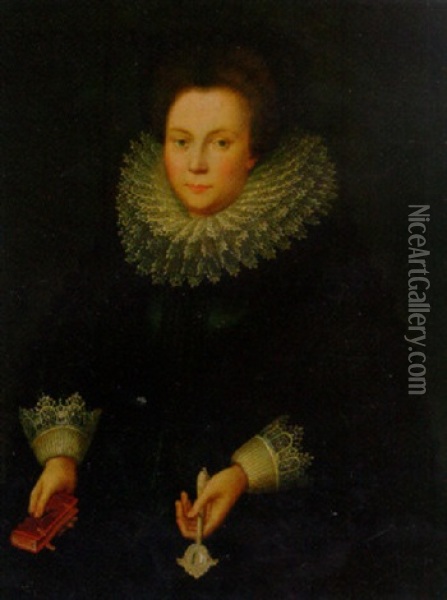 Portrait Of A Lady In A Black Embroidered Dress With White Lace Sleeves And Ruff, Holding A Missal And A Handscreen Oil Painting - Jacob Willemsz Delff the Younger