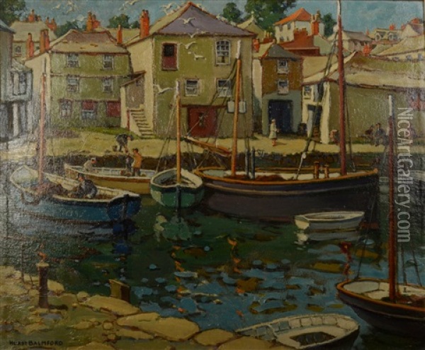 Mevagissey Boats In Harbour Oil Painting - Hurst Balmford