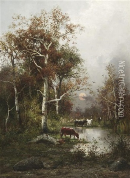 Kuhe Vor Untergehender Sonne Am Waldsee Oil Painting - Adolf Kaufmann