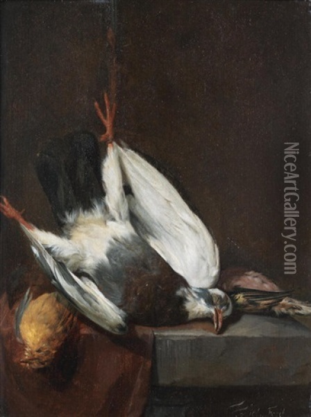 Dead Birds Hanging Above A Draped Stone Ledge Oil Painting - Jacob Van Toorenvliet