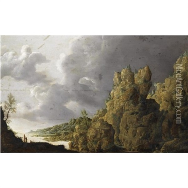 An Extensive Rocky Landscape With Figures On A Path In The Foreground Oil Painting - Mathieu Dubus