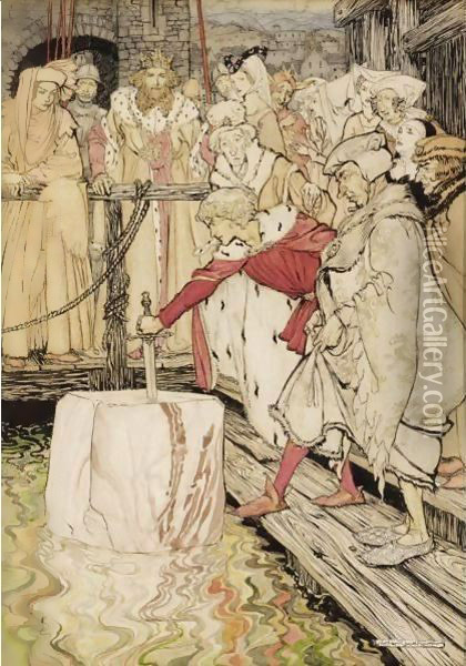 Arthur Pulling Excalibur From The Stone Oil Painting - Arthur Rackham