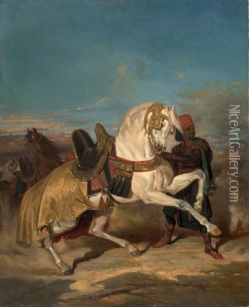 Cheval Arabe Maintenu Par Son Palefrenier Oil Painting - Alfred De Dreux