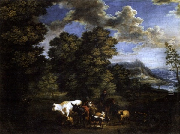 An Extensive Wooded River Landscape With A Driver And His Herd In The Foreground Oil Painting - Jean Baptiste Huet