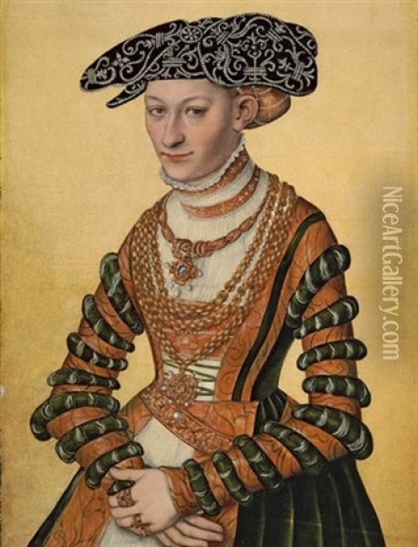 Portrait Of A Lady In A Green Velvet And Orange Dress And A Pearl-embroidered Black Hat Oil Painting - Lucas Cranach the Younger