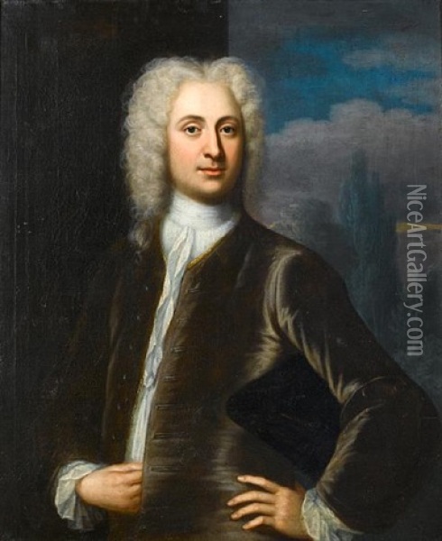 Portrait Of A Gentleman, Half-length, In A Grey Coat With A White Chemise Oil Painting - Jonathan Richardson