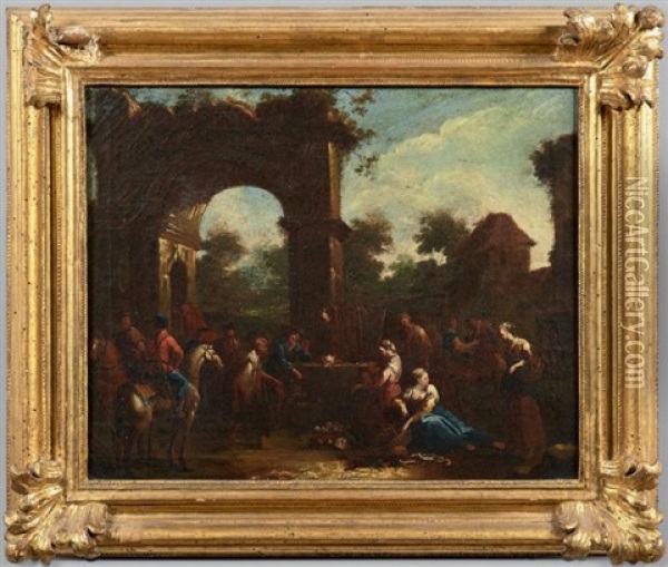 Scene De Marche Sous Un Arc Antique, Scene De Marche A Cote D'un Peristyle (2 Works) Oil Painting - Pietro Domenico Olivero