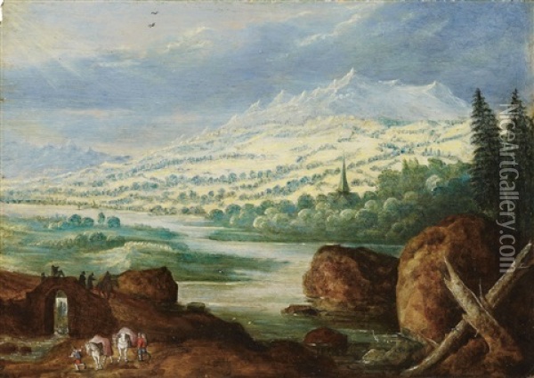 Weite Flusslandschaft Mit Packpferden Oil Painting - Joos de Momper the Younger