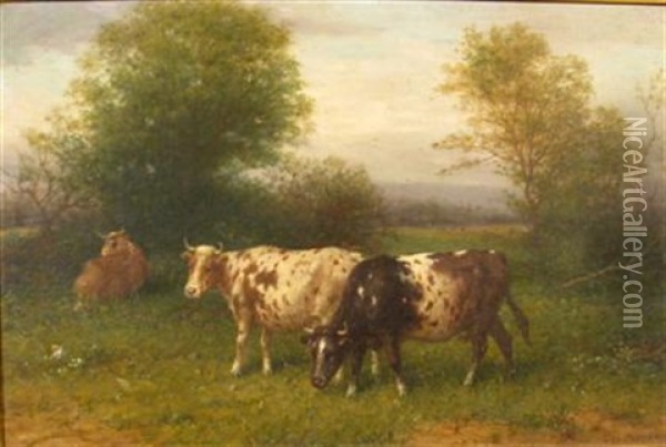 Cows Grazing Oil Painting - George Riecke