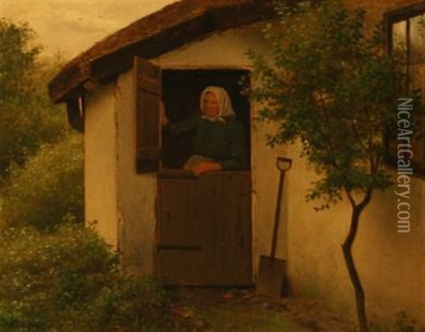 An Old Woman In The Doorway Of A Farmhouse Oil Painting - Johann Julius Exner