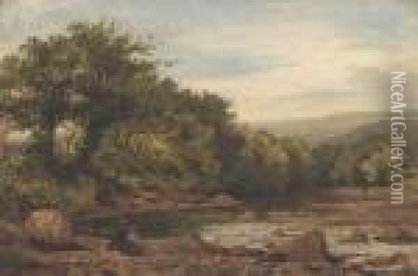 Figures By A River, Thought To Be Llugwy, North Wales Oil Painting - Benjamin Williams Leader