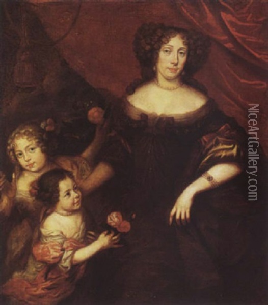 Portrait Of A Lady With Her Two Daughters, One Holding An Orange Tree, And The Other Roses Oil Painting - Jan Mytens