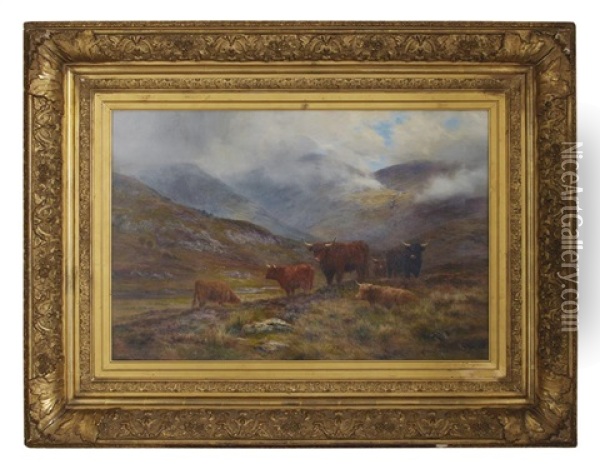 Highland Cattle In A Mountain Glen Oil Painting - Louis Bosworth Hurt