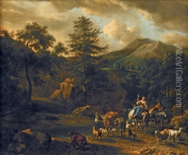 Couple De Bergers Sur Leurs Mules Dans Un Paysage Montagneux De Riviere Oil Painting - Jean Pierre Louis Houel