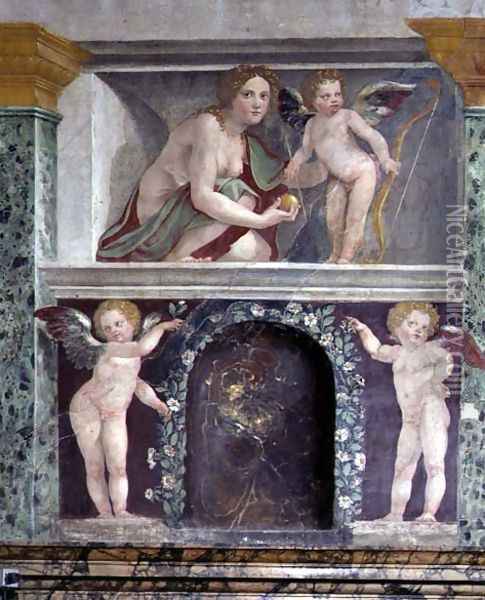 The Sala delle Prospettive Hall of Prospective detail of trompe loeil niche depicting Venus and Cupid, 1518-19 Oil Painting - Baldassare Peruzzi