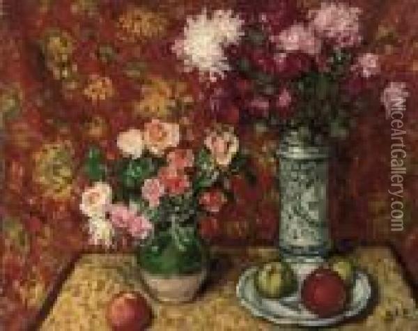 Pommes Et Vase De Fleurs Oil Painting - Georges dEspagnat