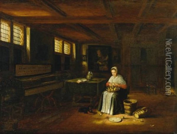 A Woman In An Interior Peeling Vegetables Oil Painting - Govert Dircksz Camphuysen