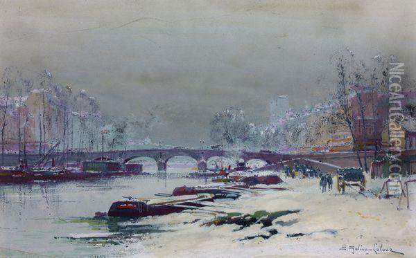 Paris, La Seine En Hiver Oil Painting - Eugene Galien-Laloue