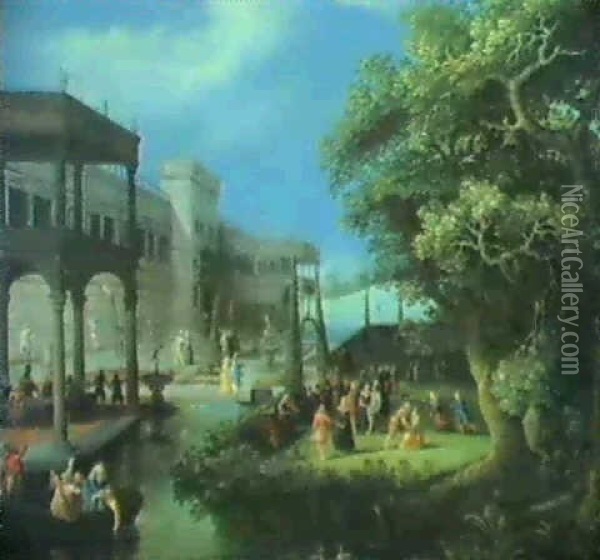 A Fete Galante In The Grounds Of A Moated Castle Oil Painting - Louis de Caullery