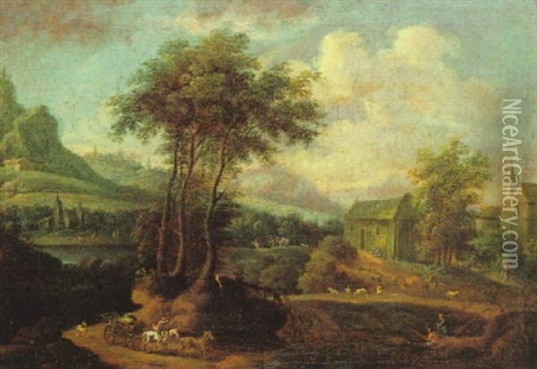 Gebirgige Fluslandschaft Mit Figuren Oil Painting - Johann Christian Brand