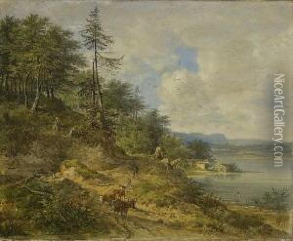 Hirte Mit Vieh Auf Dem Weg Am
 Seeufer. Oil Painting - Johann Jakob Ii Dorner