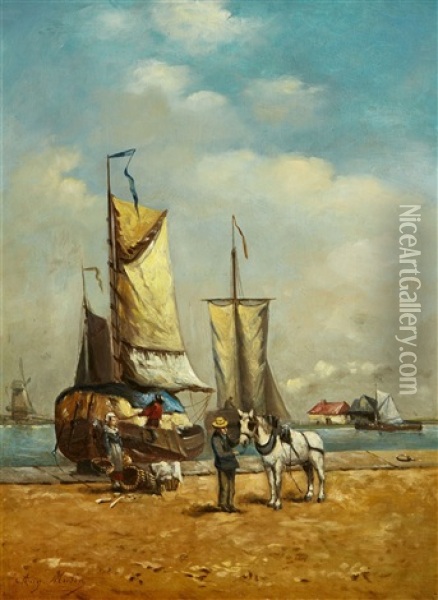 Harbour Scene With Sailing Ships Oil Painting - Auguste Henri Musin