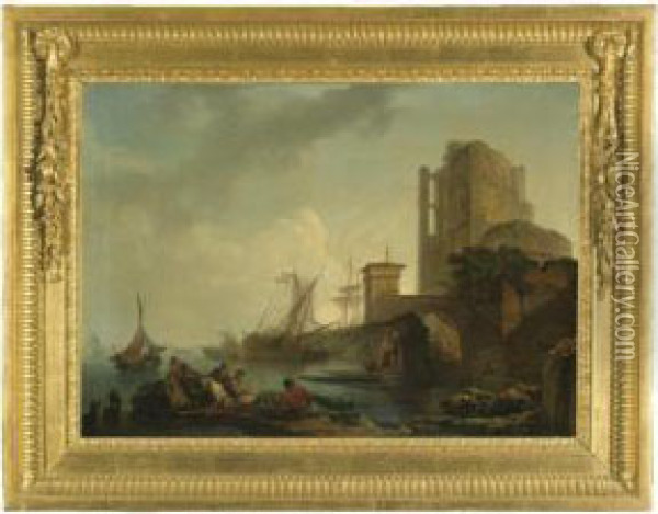 A Calm: A Harbour Scene, With Fishermen Resting Near Ruins Oil Painting - Philip Jacques de Loutherbourg