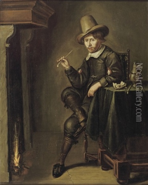 A Young Man Smoking A Pipe Near A Fireplace Oil Painting - Pieter Jacobs Codde