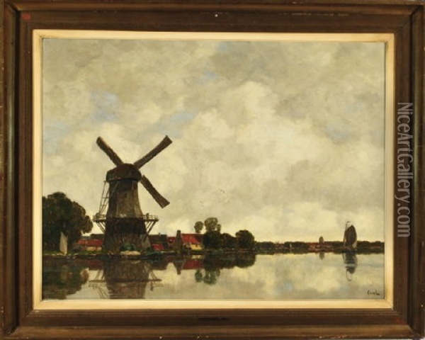 Windmuhle In Einer Niederlandischen Flusslandschaft Oil Painting - Gilbert Von Canal