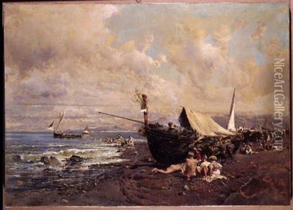 Ninos Con Barcos En Una Playa De Napoles Oil Painting - Baldomero Galofre Gimenez