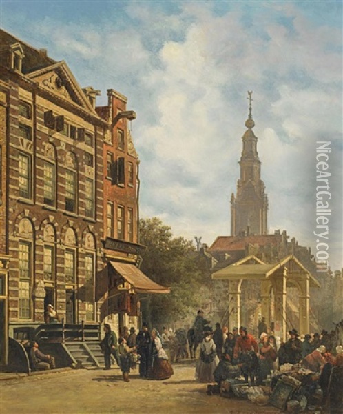 Markttreiben Vor Dem Rembrandthaus In Amsterdam Oil Painting - Elias Pieter van Bommel