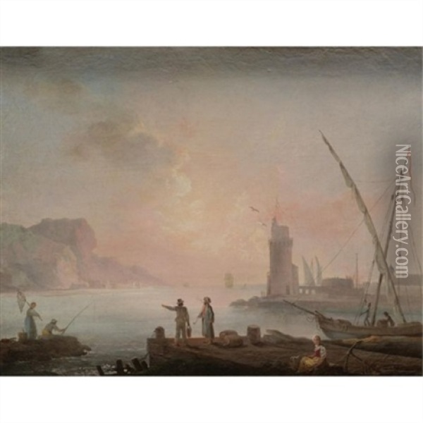 A Harbour Scene At Sunset With Fishermen And Other Figures In The Foreground Oil Painting - Francesco Fidanza