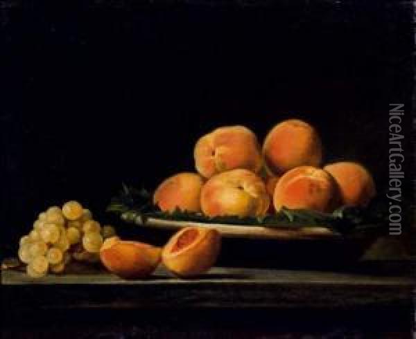 Nature Morte A La Coupe De Peches Et Raisins Disposes Sur Un Entablement Oil Painting - Jean Valette-Falgores